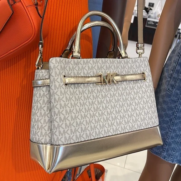 MICHAEL KORS 
Reed Large CZ Graphic Logo Belted Satchel
Vanilla /Pale Gold 
NWT - Picture 4 of 16